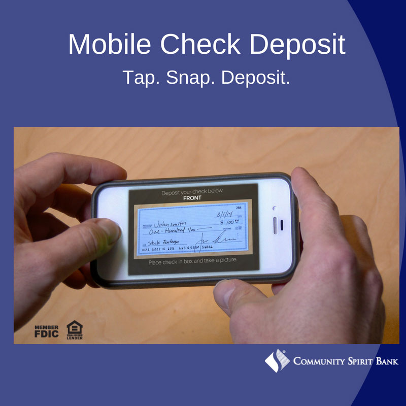 Mobile Check Deposit Tap. Snap. Deposit. Shows image of someone taking a picture of a check with their smartphone.